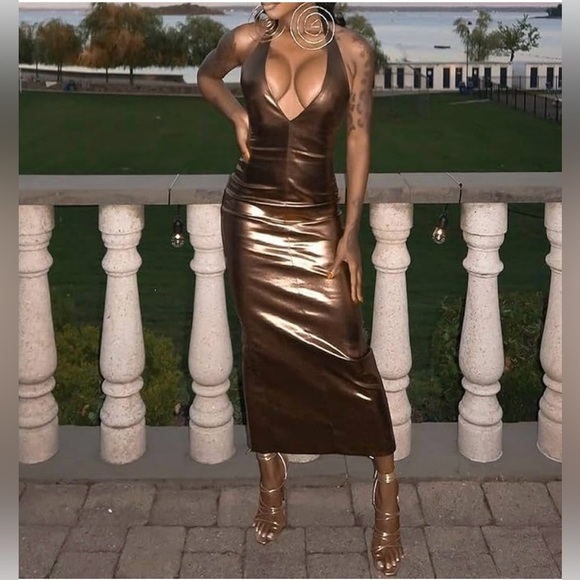 🤎❤️‍🔥Zara Metallic Bronze STUNNING Halterneck Midi Dress🤎❤️‍🔥SZ XS-NWT - Picture 1 of 16